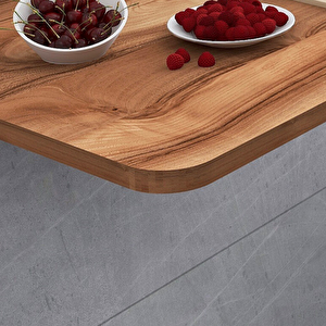60x110 Cm Oval Köşeli Sabit Raflı Duvara Monte Kırma Katlanır Masa Zeytin Ahşap Desenli