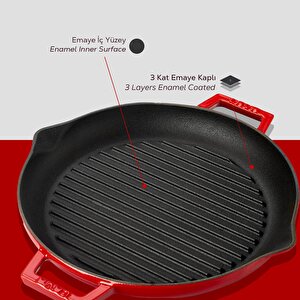 Lava Döküm Yuvarlak Izgara Tavası Döküm Demir Yekpare Çift Kulplu Çap(ø)26cm.