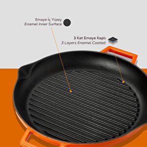 Lava Döküm Yuvarlak Izgara Tavası Döküm Demir Yekpare Çift Kulplu Çap(ø)26cm.
