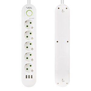 Vea Va-21562 5'li 3 Usb'li 1.5 Metre Akım Korumalı Priz Beyaz