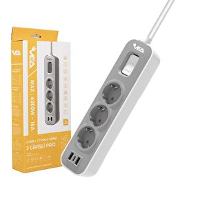 Vea Ve-nova103u A Class 3'lü 2 Usb'li Anahtarlı 1.5 Metre Akım Korumalı Priz