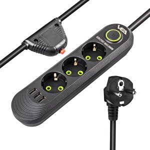 Vea Va-21557 3'lü 3 Usb'li 1.5 Metre Akım Korumalı Priz Siyah