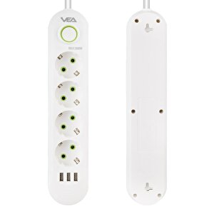 Vea Va-21560 4'lü 3 Usb'li 1.5 Metre Akım Korumalı Priz Beyaz