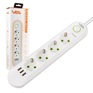 Vea Va-21560 4'lü 3 Usb'li 1.5 Metre Akım Korumalı Priz Beyaz