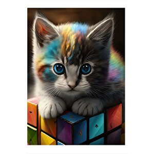 Yavru Kedi Ve Zeka Kübü Mdf Tablo 35cm X50cm 35x50 cm