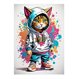 Kapşonlu Sporcu Tekir Kedi Tasarım Mdf Tablo 25cmx 35cm 25x35 cm