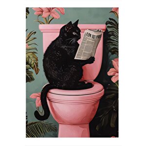 Tuvaletteki Siyah Kedi Tasarım Ahşap Tablo 35cm X50cm 35x50 cm