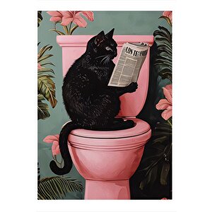 Tuvaletteki Siyah Kedi Tasarım Ahşap Tablo 25cmx 35cm 25x35 cm