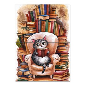 Kitap Okuyan Bot Kedi Hediyelik Ahşap Tablo 70cmx 100cm 70x100 cm