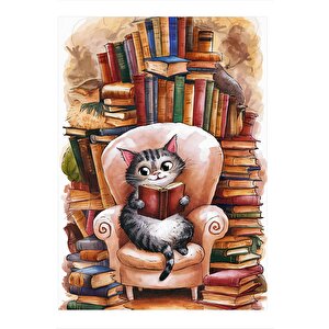 Kitap Okuyan Bot Kedi Hediyelik Ahşap Tablo 25cmx 35cm 25x35 cm