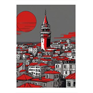 Günbatımı Galata Kulesi Çizimi Modern Ahşap Tablo 35cm X50cm 35x50 cm