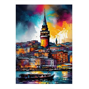 Suluboya Galata Kulesi Art Mdf Poster 35cm X50cm 35x50 cm