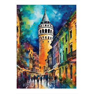 Sulu Boya İstanbul Galata Kulesi Desenli Ahşap Tablo 25cmx 35cm 25x35 cm