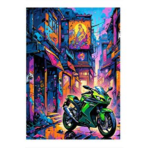 Yeşil Yarış Motoru Desenli Mdf Tablo 25cmx 35cm 25x35 cm