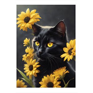 Kara Kedi Ve Sarı Çiçekler Hediyelik Mdf Tablo 25cmx 35cm 25x35 cm