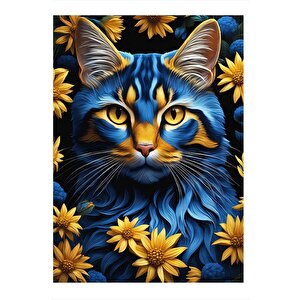 Sarı Gözlü Mavi Kedi Hediyelik Ahşap Tablo 35cm X50cm 35x50 cm