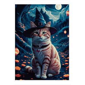 Cadı Şapkalı Kedi Model Ahşap Tablo 25cmx 35cm 25x35 cm