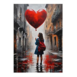 Kırmızı Kalp Şeklinde Uçan Balonlu Kız Modern Mdf Tablo 35cm X50cm 35x50 cm