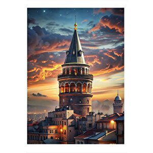 Gün Batımı Ve Galata Kulesi Desenli Ahşap Tablo 25cmx 35cm 25x35 cm