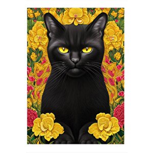 Siyah Kedi Ve Sarı Çiçekler Hediyelik Mdf Tablo 25cmx 35cm 25x35 cm