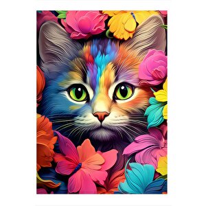 Sevimli Kedi Ve Çiçekler Art Mdf Poster 25cmx 35cm 25x35 cm