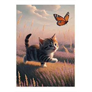 Yavru Kedi Ve Kelebek Dekoratif Mdf Tablo 25cmx 35cm 25x35 cm