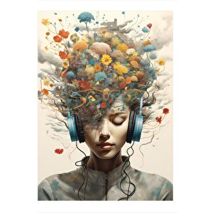 Müzik Dinleyen Çiçek Saçlı Kadın Mdf Tablo 25cmx 35cm 25x35 cm