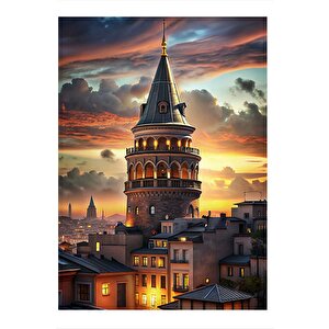 Gün Batımı Galata Kulesi Dekoratif Ahşap Tablo 35cm X50cm 35x50 cm