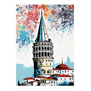 Renkli Fon Galata Kulesi Tasarım Ahşap Tablo 50cmx 70cm 50x70 cm