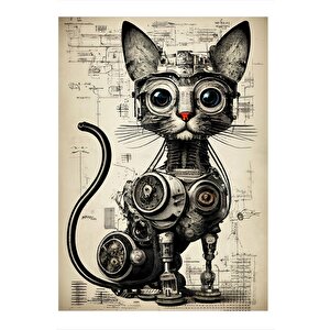 Robotik Kedi Tasarım Ahşap Tablo 25cmx 35cm 25x35 cm