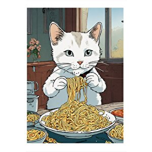 Afacan Kedi Ve Spagetti Makarna Dekoratif Ahşap Tablo 35cm X50cm 35x50 cm