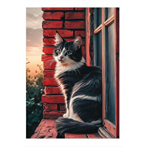 Penceredeki Kedi Tasarım Ahşap Tablo 35cm X50cm 35x50 cm