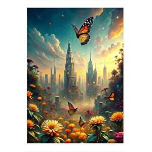 Çiçekler Ve Şehir Tasarım Ahşap Tablo 35cm X50cm 35x50 cm