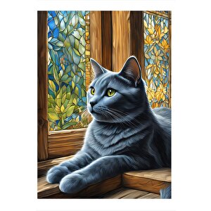 Penceredeki Kedi Desenli Ahşap Tablo 35cm X50cm 35x50 cm