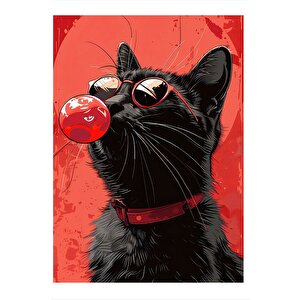 Sakız Şişiren Gözlüklü Siyah Kedi Modern Mdf Tablo 35cm X50cm 35x50 cm
