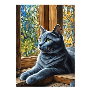 Penceredeki Kedi Desenli Ahşap Tablo 50cmx 70cm 50x70 cm