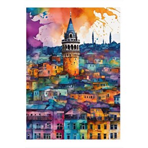 Suluboya Galata Kulesi Modern Mdf Tablo 25cmx 35cm 25x35 cm