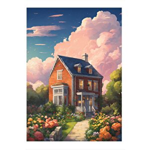 Çiçekler Ve Müstakil Ev Model Ahşap Tablo 25cmx 35cm 25x35 cm