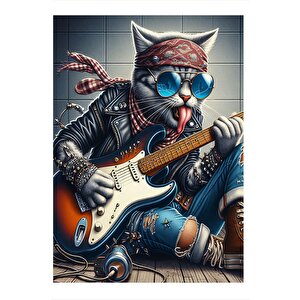 Gitar Çalan Barışık Kedi Hediyelik Ahşap Tablo 35cm X50cm 35x50 cm