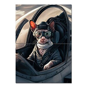 Pilot Kedi Ve Savaş Uçağı Tasarım Ahşap Tablo 70cmx 100cm 70x100 cm