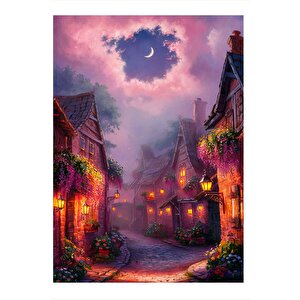 Çiçekli Evler Ve Ayışığı Desenli Ahşap Tablo 25cmx 35cm 25x35 cm