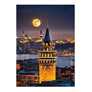 Galata Kulesi Ve Ay Dekoratif Ahşap Tablo 35cm X50cm 35x50 cm