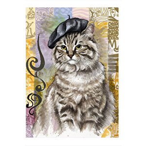Şapkalı Kedi Desenli Ahşap Tablo 25cmx 35cm 25x35 cm