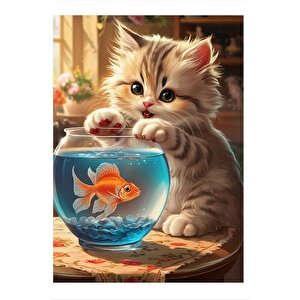 Yavru Kedi Akvaryum Başında Hediyelik Ahşap Tablo 35cm X50cm 35x50 cm
