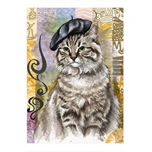 Şapkalı Kedi Desenli Ahşap Tablo 35cm X50cm