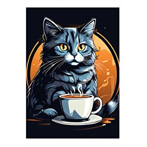 Kahve İçen Kedi Desenli Ahşap Tablo 25cmx 35cm 25x35 cm