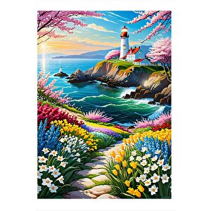 Renkli Kır Çiçekleri Ve Deniz Feneri Tasarım Mdf Tablo 25cmx 35cm 25x35 cm