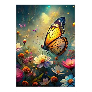 Altın Kanatlı Kelebek Ve Çiçekler Desenli Ahşap Tablo 35cm X50cm 35x50 cm