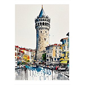 Galata Kulesi Çizimi Tasarım Ahşap Tablo 35cm X50cm 35x50 cm