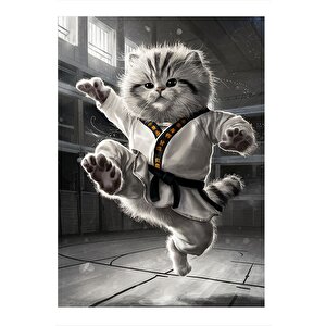 Karateci Kedi Dekoratif Mdf Tablo 25cmx 35cm 25x35 cm